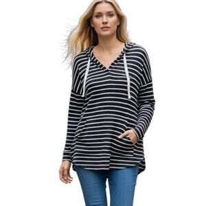 Market & Spruce Women's Kallon Brushed Knit Hoodie Sweater S Striped Black White